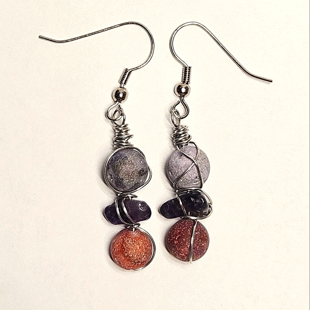 Unique Wire Wrapped Agate Druzy and Amethyst Pebble Beaded Earrings